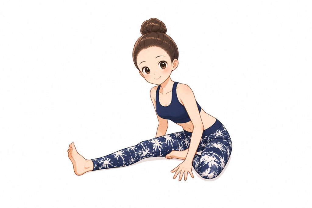 SOELUの疲労リセットヨガで、脚の裏側を伸ばすポーズを再現したヨガミンのイラスト