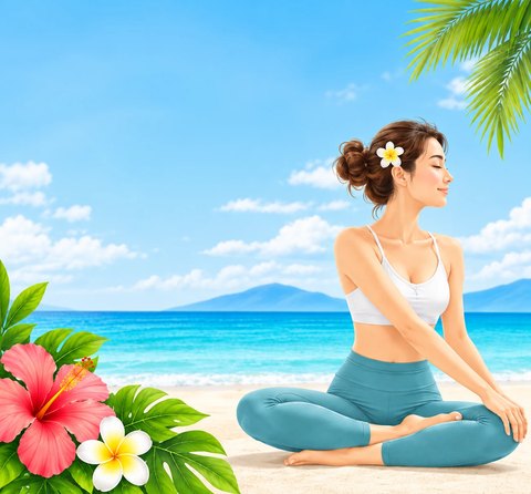 海辺で座ってストレッチするヨガの女性