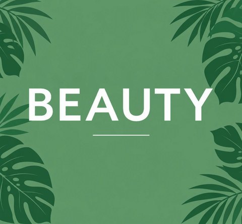 BEAUTYの文字と南国の葉